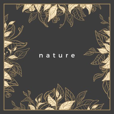 Zarif çay dal, yaprak, çiçek ile vektör banner. VIP kartı, bloom sınır, dekor. Çiçek çizgili geometrik çerçeve. Altın elle çizilmiş tasarlamak, şık davet, art deco ile basit şablonu 