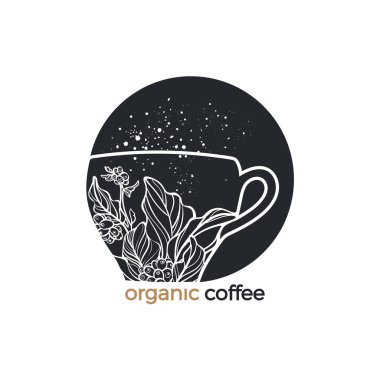 Vektör kahve sembolü. Şube, fasulye, tahıl Logo, beyaz arka plan sigorta primi ürün, basit tasarım organik lux kartı, aroma tropikal içki, her gece orman, yıldızlı gökyüzü, çift pozlama bardakta sanat kroki