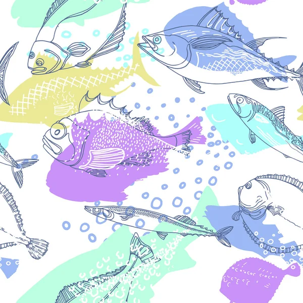Seamless Pattern Nature Sea Fish Doodle Art Line Realistic Marine — Stock Vector