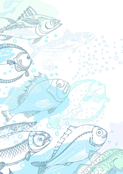 Projeto Vetorial Peixes Marinhos Natureza Doodle Art Line Background Ilustração —  Vetores de Stock