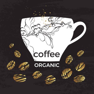Vektör lüks paket şablon. Şekil kahve fincanı, şube, altın fasulye, yaprak siyah arka plan üzerine. Oyma kroki doku tasarım. Basit etiket. Doğa organik kartı. Taze sıcak içecek, doğal gıda