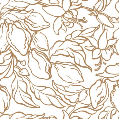 Vektör yaprak, fasulye, çiçek ile Kakao ağacının seamless modeli. Botanik sanat hattı kroki. El duvar kağıdı çizmek. Doğal baskı, çiçek tasarım organik yazdırmak, tropikal yaz meyve, yeşillik orman