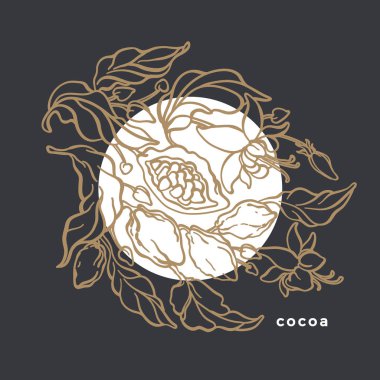 Vintage sanat satırı şablonu. Sembol doğa kart kakao ağacı, dal, yaprak, fasulye, tahıl, çiçek. Organik çikolatalı, içki çiçek daire amblemi vektör kroki çizim egzotik nigth afiş moon ile