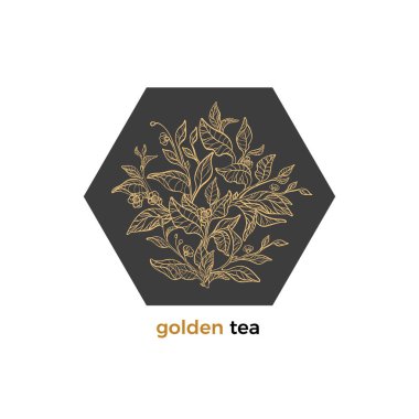 Vektör altın amblem. Sanat çizgili Doğa Tema. Sembol zarif kartı çay ağacı, bush, dal, yaprak, çiçek. Geometrik çerçeve, bitkisel içki, yiyecek kapak, logo, şık davet, kroki etiket, alışveriş yapmak için ambalaj