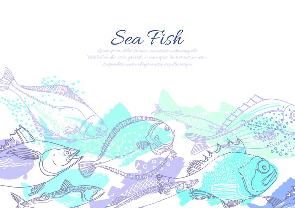 Seafish 的矢量海洋模板 涂鸦艺术线的抽象设计 彩色剪影插图 图形素描 蓝色海洋背景鲈鱼 比目鱼 Saira 有机新鲜食品 — 图库矢量图片