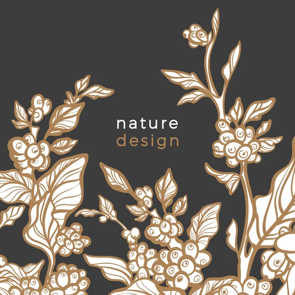 ベクトル レトロなテンプレートです 黄金アールデコ デザイン 花のバナーです 現実的なコーヒーの木 豆熱帯庭有機カード植物園ビンテージ イラスト 自然の背景 高級包装 — ストックベクタ
