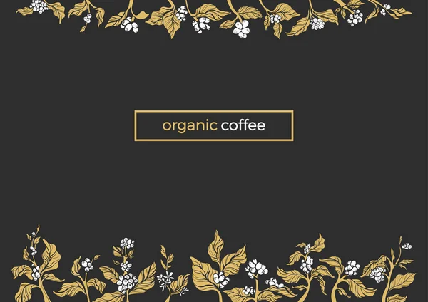 Vektör doğa paket şablon, organik kartı zarif kenarlığını kahve dal, yaprak, fasulye, tahıl. Tasarım Sanat biyo çiçek afiş. Tropikal altın çerçeve doğal gıda botanik illüstrasyon, premium içecek