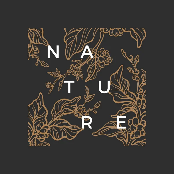 Kahve ağacı, altın yapraklar, fasulye doğa sanat çizgi vektör banner tasarımı siyah arka plan bitkisel gıda, tropikal içki, lüks ambalaj, vintage kartı, yaz sınır, kare çerçeve çiçek şekil