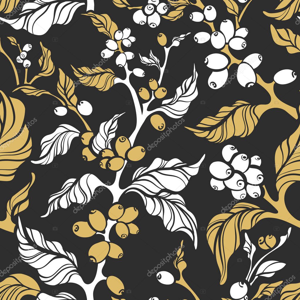 Vector nature seamless pattern. Art deco elegant design. Realistic silhouette golden branch of coffee tree, leaves, bean, berry. Tropical summer garden Organic floral illustration, vintage background 