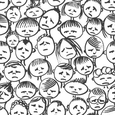 Dikişsiz desen Doodle illüstrasyon vektör. Stres yorgunluk yüzünden, erkek ve kız. Dikkat eksikliği sorunu. El çizmek karikatür tarzı, beyaz arka plan üzerinde sanat kroki. Çocuk, öğrenme güçlüğü