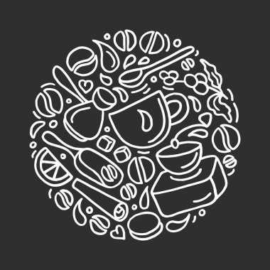 Kahve Tasarım daire beyaz arka plan üzerinde ayarla soyut vektör. Doodle öğe, sanat satır grupları el tahıl, fasulye, Kupası, değirmen, baskı, Cafe, gıda dükkanı için süt grafik illüstrasyon kroki çizim