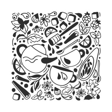 Vektör soyut tasarım. Aroma doğal bitkisel çay beyaz arka plan üzerinde. Doodle öğeleri, el çizim kroki, retro grafik kümesi grubudur. Kupası, yaprak, çiçek, nane, limon. Bitkisel taze içki organik gıda