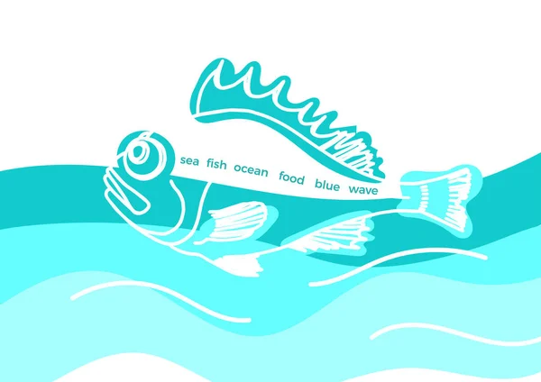 向量海洋模板 天然海产品 涂鸦艺术线设计 彩色插图 图形素描 蓝色的海洋 白色简单的背景 有机新鲜食品 海低音 在抽象的风格栖息 — 图库矢量图片