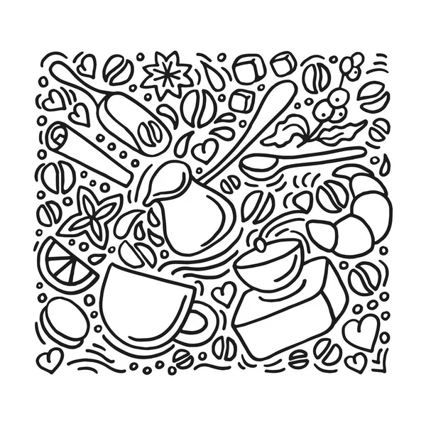 Vector design of modern poster. Aroma natural coffee set on white background. Group doodle elements, art line hand drawing sketch of grain, beans, cup, mill, dessert for print, cafe, organic food shop