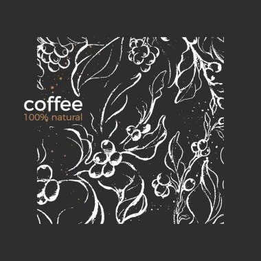 Vektör desen. Doğal ürün kahve şube, ağaç, yaprak, fasulye, tahıl kroki tarzı siyah arka plan üzerine. Vintage şablon Aroma tropikal içki organik bitki vejetaryen elle çizilmiş çizim için