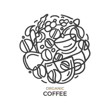 Vektör tasarım Daire içinde kahve sembolü. Aroma kahve Kupası, tahıl, fasulye arka plan. Yemek tarifi. Sanat satır öğelerini gruplandırmak, çizilmiş doodle kroki grafik yuvarlak basit örnek ver.