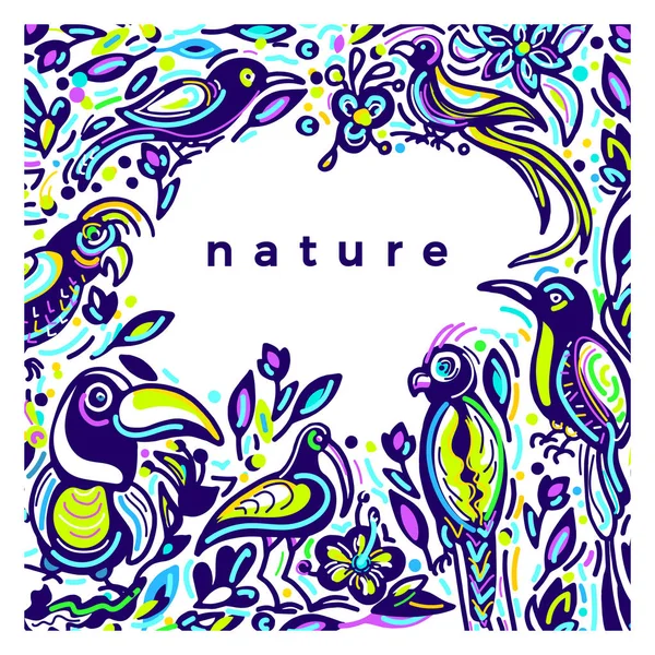 Vector color template. Exotic tropical bird, nature. Art sketch floral border — Stock Vector