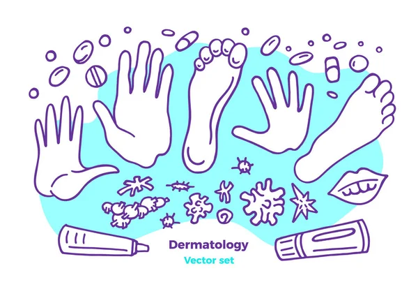 Vektordermatologie-Set. Hautkrankheiten. Problem, Analyse, Behandlung — Stockvektor