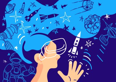 Vector futuristik tasarım. Sanal gerçeklik. Uzayda çocuk