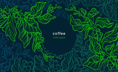 Kahve bitkisi. Vektör yeşil arka plan. Resim çizimi. Tropik ağaç, aroma fasulyesi, yaprak. Taze çiftlik çiftliği. Aroma arabica, robusta. Gece Ormanı 