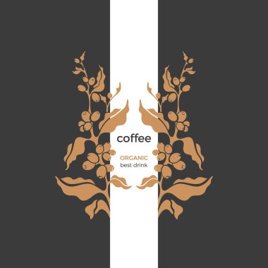 Vektör kahve fabrikası. Sanat çerçevesi, basit sembol, siyah arka planda doğa logosu. Dalın altın rengi, aroma çekirdeği, altın yapraklar. Organik kart, eski model..