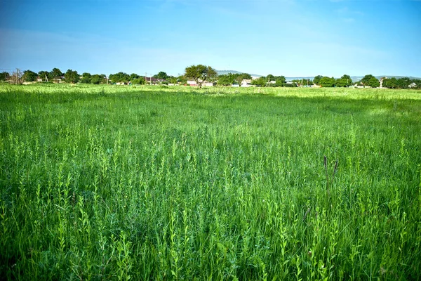 Łąka w tle odległych wsi — Zdjęcie stockowe