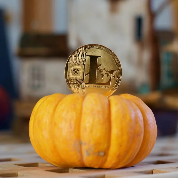 Digital currency physical metal litecoin coin. Cryptocurrency halloween concept.
