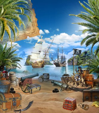 The view of pirate and ocean  clipart