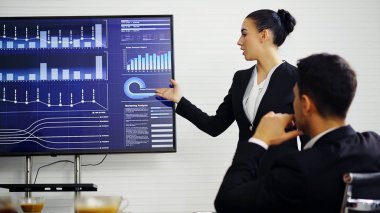 İş kadını rapor / sunum için arkadaşları, Tv ekran gösteren bir grafik iş istatistikleri.