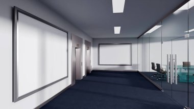 iki asansör ve iki büyük boş çerçeve ile panoramik manzara ekleme resim için, modern konferans odası kapısı sağda, mavi halı ve bulanık şehir manzarası, 3D görüntüleme