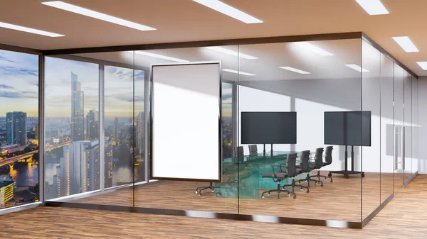 Modern Konferenslokal Interiör Med Panoramautsikt Arbetsplats Med Glasskiva Trägolv Och — Stockfoto
