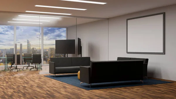 현대식 직장에는 회의와 파노라마같은 소파가 바닥에는 시간에는 렌더링 — 스톡 사진