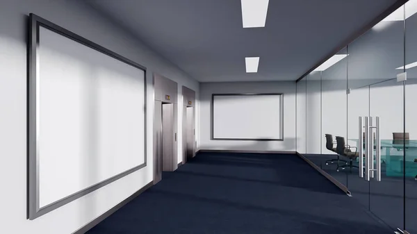 panoramic view with two elevator and two mock up large empty frame for insert painting, the door of modern conference room on right, blue carpet and blurred cityscape, 3D rendering