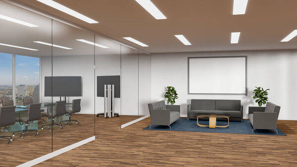 Perspective of modern interior workplace with conference in glass room, and waiting room with black couch, blurred cityscape with daylight, 3D rendering