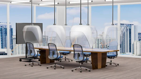 Perspective meeting room decorating with Social distancing to protect from covid 19 corona virus, 3D illustration design with glass panel, blurred cityscape, 3D rendering New normal office concept