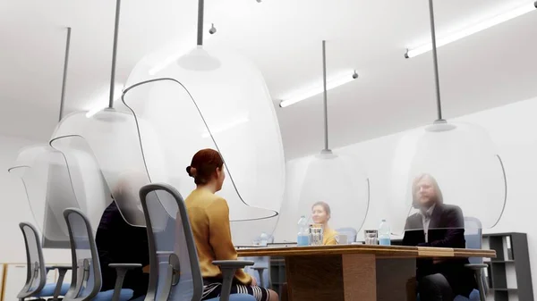 앉아서 토론하는 사회적 렌더링으로 장식하는 회의실 새로운 사무실 디자인 일러스트레 — 스톡 사진