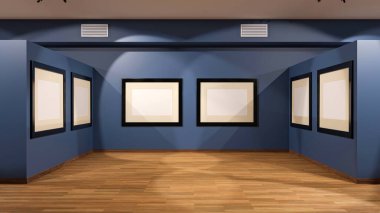 Sunum, sergi salonu, duvarda asılı boş pankartlar, 3D görüntüleme için içi koyu mavi panoramik manzaralı boş galerinin 3 boyutlu çizimi