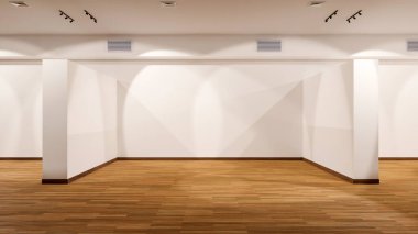 Beyaz paneli, panoramik görünümü olan boş galeri kabininin içi sunum, sergi salonu, parke zemininde boş alan, 3D görüntüleme