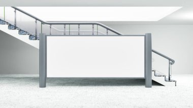 Metro istasyonunun yakınındaki büyük yatay billboard, panoramik manzara, reklamcılık için 3D illüstrasyon tasarımı, tavanda elektrik ışığı, 3D görüntüleme