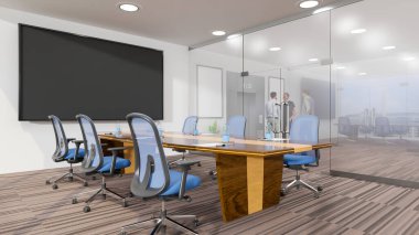 Perspektif modern toplantı odası cam panelli, sandalyeli, büyük masada su içen, asansörün önünde duran üç meslektaşı, resim çerçevesi, modern konferans odası 3D renderin