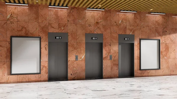 Illustration Perspective Closed Steel Elevators Empty Board Red Marble Wall — Stock Photo, Image