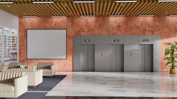 3D illustration, perspective decoration modern design in lobby of building, at front of three elevators and  large mock up board, panoramic view, plant and white couch in left , 3d rendering