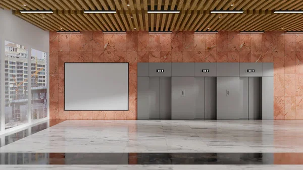パノラマビューのエレベーターと赤大理石の壁に大きなボードをモックアップ 木製の天井 オフィスビルの装飾現代的なデザイン 側面の風景にガラス窓を通して参照してください — ストック写真