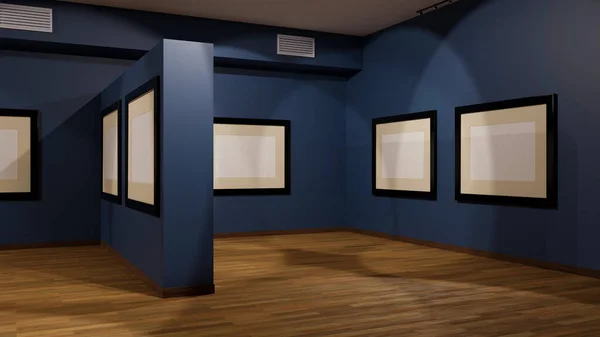 暗い青の上に空白のフレームを持つ空のギャラリーの3Dイラストのインテリア プレゼンテーションのための博物館のインテリアを閉じます 展示ホール 壁にかかっている空のバナーをモックアップ 3Dレンダリング — ストック写真