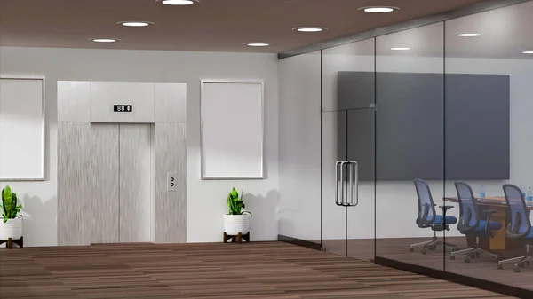 Modern conference interior near elevator with panoramic, Workplace with glass panel on carpet floor, mock up vertical blank space for insert picture and large board on the wall, 3d renderin