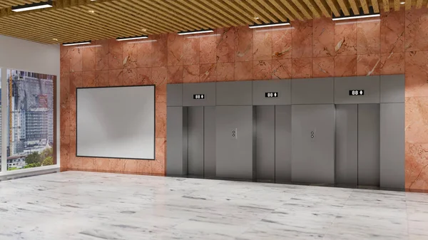 パースペクティブ3Dイラスト エレベーターや壁に大きなボードをモックアップ 木製の天井 オフィスビルの装飾現代的なデザインは 側面の風景にガラス窓を介して参照してください 3Dレンダリング — ストック写真