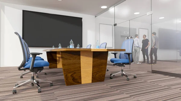 Perspective modern meeting room with glass panel, chairs, drink water on large table, three colleague standing at front of elevator, Mock up picture frame, modern conference room 3D renderin