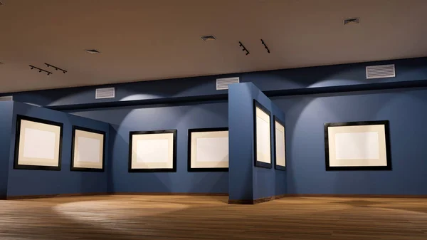 Illustration Interior Empty Gallery Blank Frame Dark Blue Perspective Museum — Stock Photo, Image