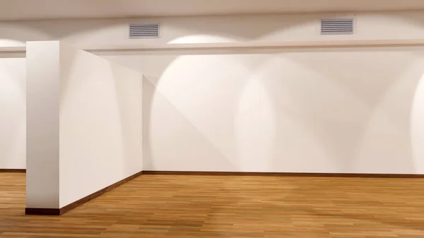 3D illustration interior perspective of empty gallery booth with white partition,  free space interior for presentation, exhibition hall, blank space on parquet floor, 3D rendering