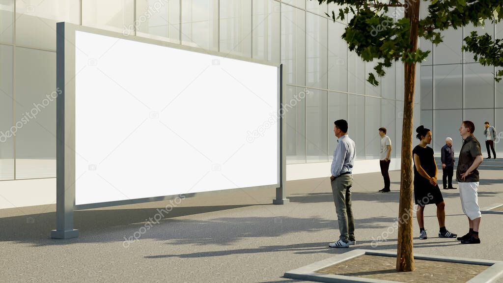 3D illustration mock up large blank outdoor billboard on street near building,  People walking around and young man standing  looking on advertising banner, 3D rendering